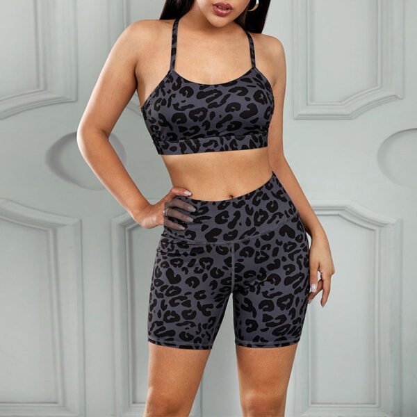 Leopard Print Yoga Tights Sportswear Short Beauty Back Sports Bra Women Suit - Image 3